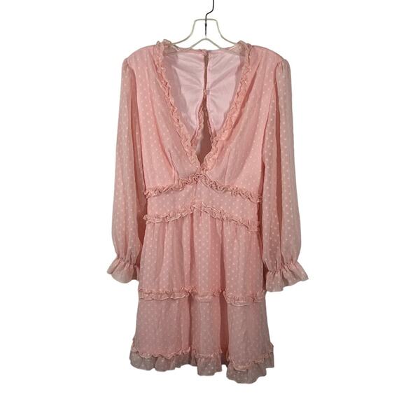 Pink Clip Dot Faux Wrap Mini Dress Size Small Ruffle Babydoll Open Back Dress - Picture 4 of 16